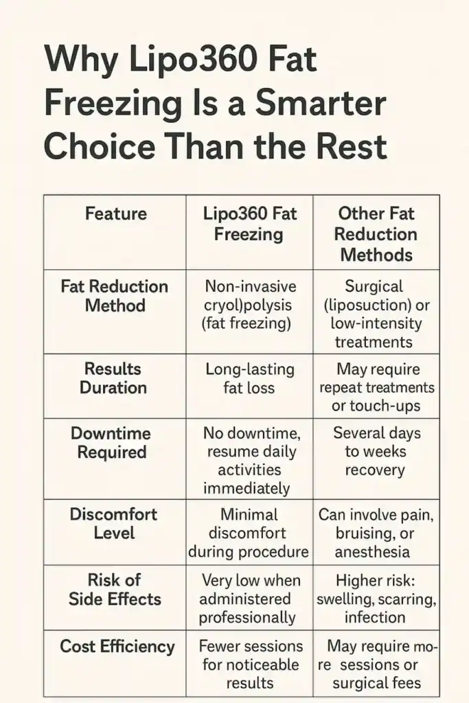 Is it possible to permanently freeze fat cells? 2 Table showing benefits of fat freezing to remove fat cells West Bridgford from Lipo 360